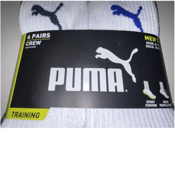 Puma Cushioned Crew Socks 6 Pair Men 8-12 White Gray Blue w Logos NEW! Training - Picture 3 of 11